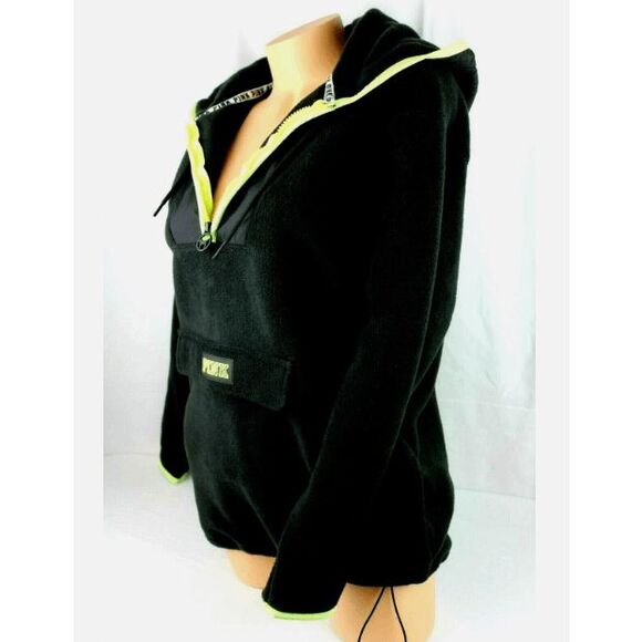 NWT Victoria's Secret Pink Quarter Zip Fleece Black Lime Pullover - Picture 3 of 4